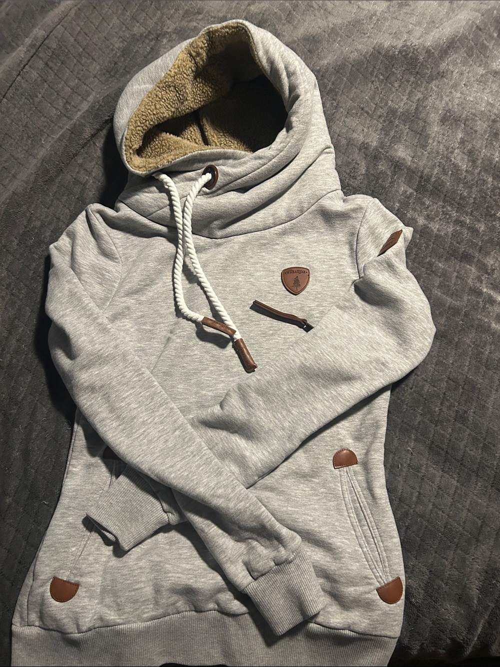 Gray Women's Sherpa-Lined Pullover Hoodie with Drawcord